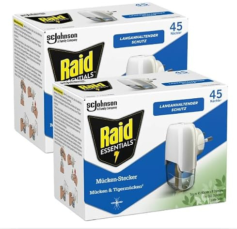 Raid Essentials Mückenstecker 45 Nächte, Elektrischer Insekten-Schutz vor Mücken & Tigermücken, mit pflanzlichen Wirkstoffen, geruchsneutral, 2er Pack (1 x 32 ml)