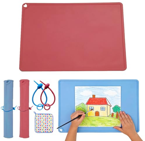 Kiswleon 2 Stück Malunterlage für Kinder mit Kabelbindern 60 * 40cm,Bastelunterlage Groß,Knetunterlage Kinder mit Erhöhten Kanten für Platzset,Haustier Fütterung Matte,Basteln,Malen