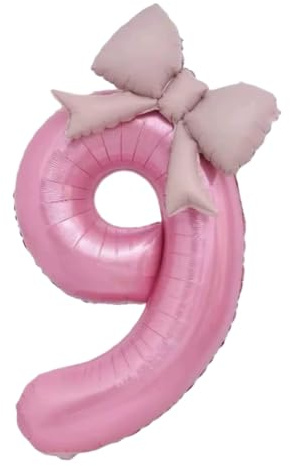 OMEIU 40'' Pink Number with Bow Balloon, Self Inflating Foil Light Pink Number Balloons Set 0-9, Pastel Pink Helium Balloon for Girls Birthday Party Decorations Anniversary Supplies (Number 9, Pink)