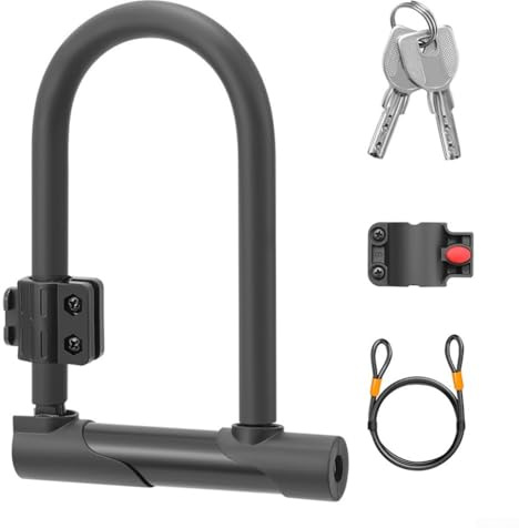 Hosrivae Lucchetto a forma di U in lega di acciaio con grillo da 15 mm, lucchetto di sicurezza antifurto rivestito in PVC per bici da strada e mountain bike, include cavo in acciaio da 1,2 m, nero