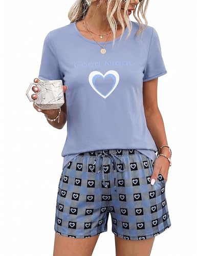Marvmys Women Pyjamas Set Short Pjs Ladies Summer Nightwear with Pockets | Casual V-Neck Top & Checked Drawstring Bottoms