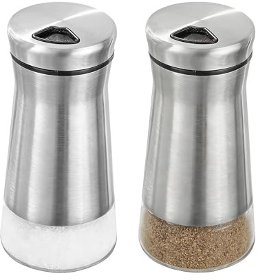 Dcceeo Saliera e Pepiera, 2 pezzi Salieras da Cucina con Coperchio Fori Regolabili in Acciaio Inox Saliera da Tavola Barattoli per Spezie in Vetro per Sale, Pepe, Spezie, Erbe Aromatiche