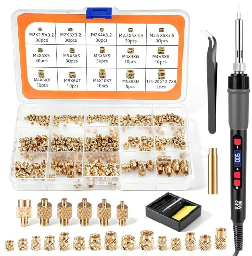 Lot de 310 inserts filetés pour fer à souder, 90 W, LCD, température réglable, 180-500 °C, 300 écrous à fondre en laiton M2/M2.5/M3/M4/M5/M6/1/4 pour impression 3D et plastique