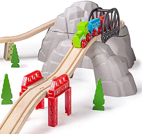Bigjigs Rail Rocky Mountain Expansion Pack, 12 Piece Railway Accessory Set | Bridge Segments, Ascending & Descending Track, Compatible with Most Major Wooden Railway Brands, Train Toy Age 3+