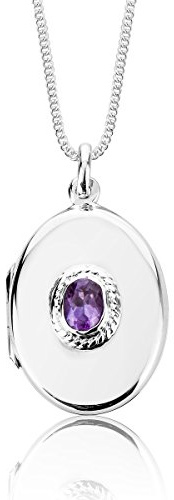 DTPsilver – 925 sterling silver halsband ovalt hänge medaljong på justerbar 40,6 cm till 45,7 cm pansarkedja – olika naturliga ädelstenar, Sterlingsilver, Ametist