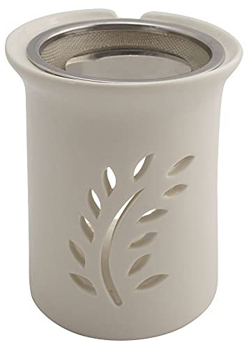 Räucherstövchen mit Edelstahlsieb & Metallscheibe – Design Friedenszweig, weiße Keramik, Höhe 11 cm – ideal für Weihrauch & Kräutermischungen