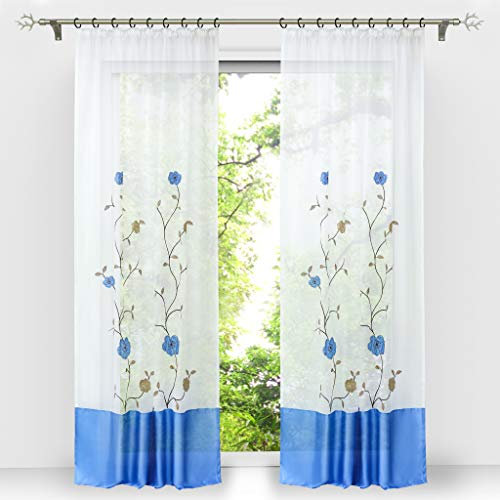 HongYa 1 Stück Voile Gardine Schal mit Kräuselband Transparenter Vorhang Bestickter Fensterschal H/B 145/140 cm Blau