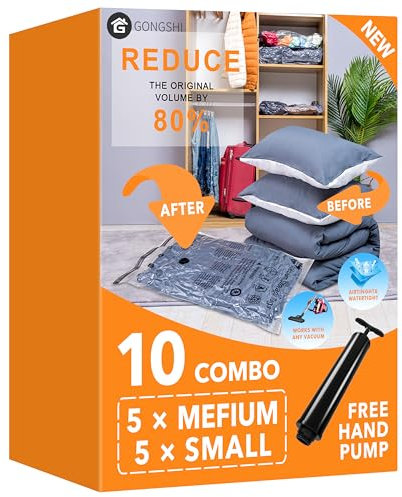Vacuum Storage Bags (5 x Medium, 5 x Small), Space Saver Sealer Compression Bags with Travel Hand Pump for Blankets, Comforters, Pillows, Clothes Storage