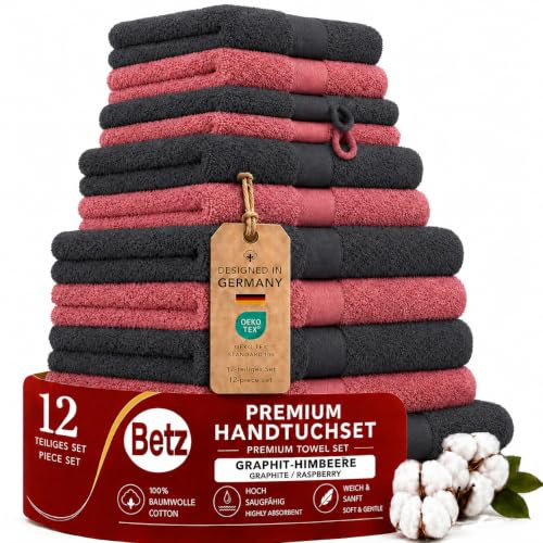 Betz Premium Handtuch-Set 12-teilig – 100% Baumwolle – Oeko-TEX® Zertifiziert – 470 g/m² – 2 Duschtücher, 4 Handtücher, 2 Gästetücher, 2 Seiftücher & 2 Waschhandschuhe - Farbe Graphit/Himbeere