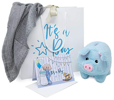 TOBJA Baby Junge Geschenk zur Geburt - Geschenkset Boy Blau mit Sparschwein im Set | Babyset mit Geschenkbox und Glückwunschkarte für Babyparty | Babygeschenke Kuscheltier Mulltuch Karte und Tasche
