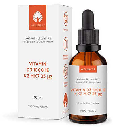 Wellnest Vitamin D3 + K2 Tropfen 1er Pack (30 ml) – 1000 IE D3 + 25 µg K2 MK7 all-trans (K2VITAL®), vegan, über 750 Tropfen
