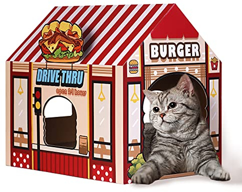 SEKAM Casetta per gatti in cartone con tiragraffi/erba gatta, (41,5 x 30,5 x 38,1 cm), negozio di hamburger per interni ed esterni, decorazione per la casa e la casa, giocattolo tiragraffi per gatti