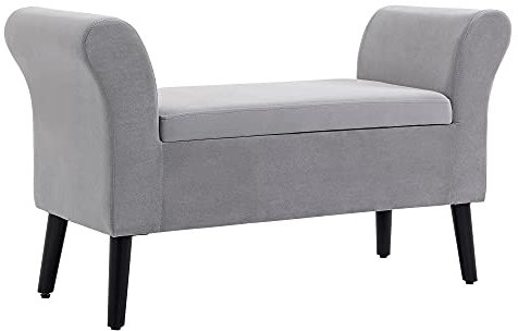 HOMCOM Sitzbank Polsterbank mit Stauraum Armlehnen Truhenbank modern Flur Schlafzimmer Wohnzimmer samtartiges Polyester Gummiholz Hellgrau 111,5 x 41 x 65 cm