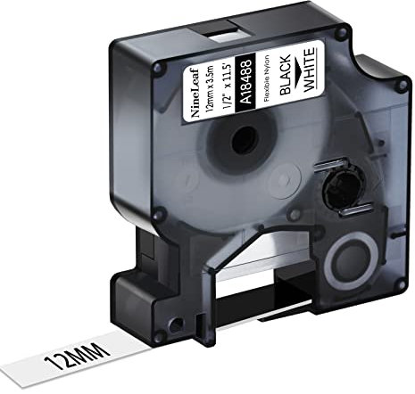 NineLeaf 50 x Kompatibel für Dymo 18488 12mm 1/2'' Schwarz auf Weiß Industriell Flexibles Nylon Etikettenband für Rhino 1000 3000 4200 5200 5000 6000 ILP 219 3M PL100 PL150 PL200 Beschriftungsgerät