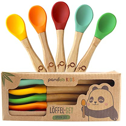 Pandoo Lot de 5 cuillères en bambou pour enfant avec silicone | Couverts d'apprentissage pour bébé | Couverts pour enfant | Cuillères en silicone souple