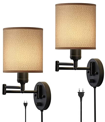 2-Set Innen Wandleuchte mit Schalter Einstellbare Schwenkbare Wandlampe mit Stecker Stoff Schirm Up-and-down-Beleuchtung Wandspot Nachttischlampe mit Kabel Wand Leselampe E27 Wandbeleuchtung Modern