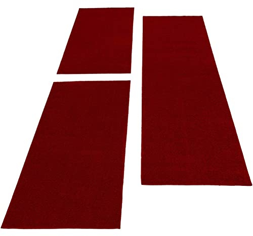 Carpettex Bettumrandung Schlafzimmer 3teilig Kurzflor Teppich Einfarbig Design Rot Bettset:2 mal 60x100 + 1 mal 80x250 - Bettvorleger Schlafzimmer Läufer Set Weicher Bettumrandung Teppich
