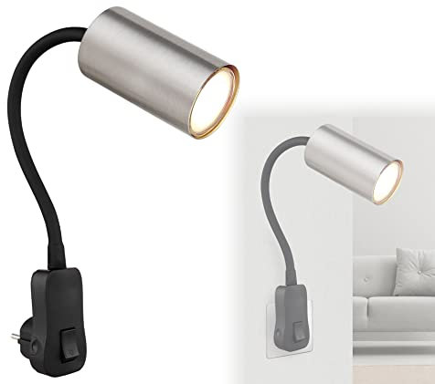bmf-versand® Steckdosenlampe mit Schalter - Wandleuchte Innen Schlafzimmer mit Stecker - Steckerleuchte Wandlampe Kinderzimmer für Steckdose - Leselampe Silber Schwarz GU10