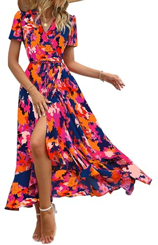 PRETTYGARDEN Women's Summer Wrap Maxi Dress Casual Boho Floral V Neck Short Sleeve Ruffle Hem Split Beach Long Dresses (Blue Orange Floral,X-Large)