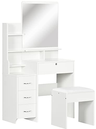 HOMCOM Schminktisch mit Hocker, Kosmetiktisch mit Spiegel, Frisiertisch mit Schubladen, Ablagen, Frisierkommode mit Anti-Kipp-Schutz für Schlafzimmer, Weiß, 80 x 38 x 143cm