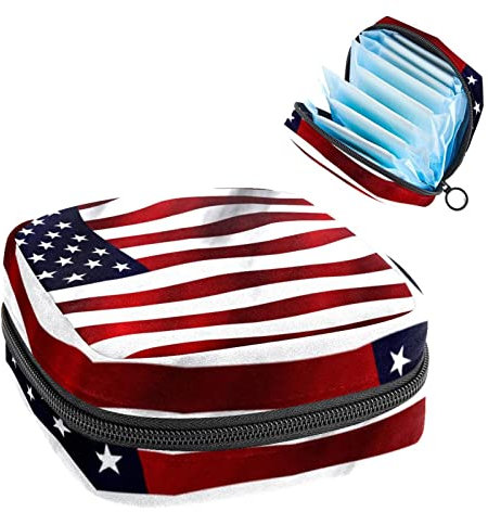 Amerikanische USA-Flagge, tragbar, Tampon-Aufbewahrungstasche, Tampon-Halter für Geldbörse, femininer Produkt-Organizer, Mehrfarbig, 4.7x6.6x6.6 in/12x17x17 cm