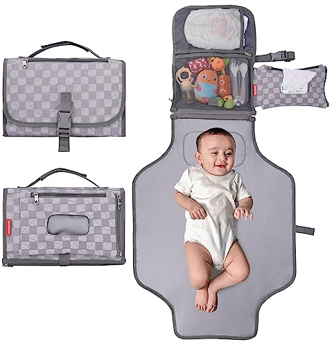 Bebamour tragbare Wickelpolster mit Wischtuchtasche Reisen Baby Wickelpolster mit Kopfpolster Baby wasserdicht Wickelpolster für Neugeborene Unentbehrlich,Grey