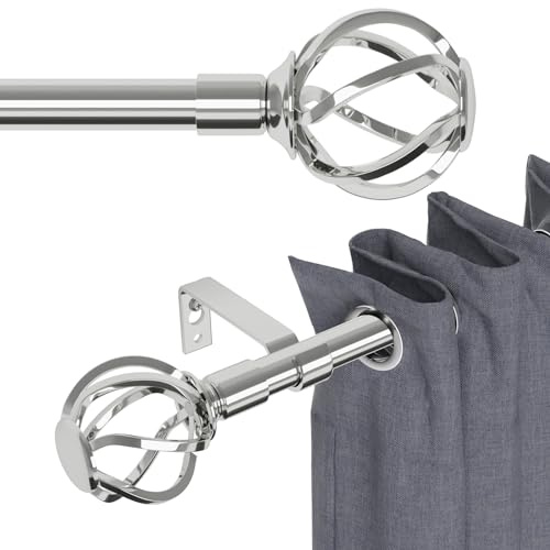 Gardinenstange Silber 68 to 157 cm mit Gedrehten Käfigendstücken, Wandmontage Gardinenstangen Edelstahl Set, Metall 16mm Gardinenstange 1.5m lang für Outdoor Wetterfest