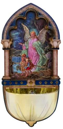 Guardian Angel Holy Water Font | Catholic Home Wall Decoration | Great Christian Gift for Baptism and First Holy Communion | Wooden Base with Full-Color Image of Angel Guiding Children