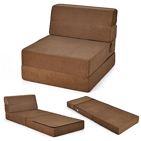 RELAX4LIFE Schlafsofa Klappbar, Gästematratze 15cm Dicke Schaumstoff, Schlafsessel mit Abnehmbarem & Waschbarem Bezug, Bodensofa Gepolstert 190x71cm, Klappmatratze für Zuhause Camping & Reise (Braun)