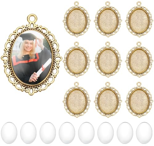PH PandaHall 60 Teiliges Goldenes Tablett Set Mit Anhänger 30 Stück Ovale Leere Lünetten Anhängertabletts Basis 30 Stück 25x18 mm Glas Cabochon Kuppelfliesen Für Hochzeitsstrauß Graduierung Charme