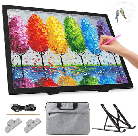 Zocelight Boîte lumineuse A3 avec sac/support, batterie 3000 mAh, tampon lumineux LED rechargeable, 3 couleurs à intensité variable et 6 niveaux de luminosité pour peinture diamant, dessin, croquis,