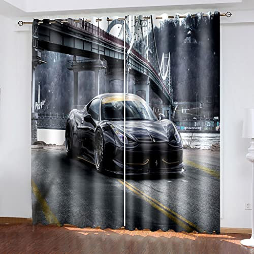 Vorhang Blickdicht Verdunkelungs Vorhänge Gardinen Wohnzimmer Schlafzimmer Kinderzimmer Mädchen Junge Thermovorhang Ösenvorhang 2Er Set 3D Druck Stadtbrücke Schwarzes Auto Dekoschals Fensterdekora