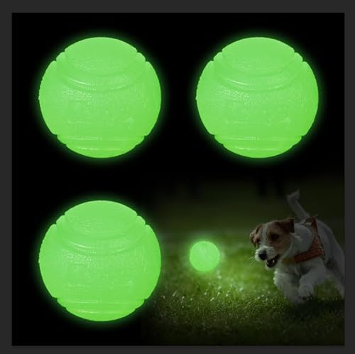 QKURT 3 stycken Glow In The Dark Hundboll, 6 cm oförstörbar hundbollsleksak, lysande gummi-hundbollar med hög studskraft, hund interaktiv hundboll för små, medelstora och stora hundar