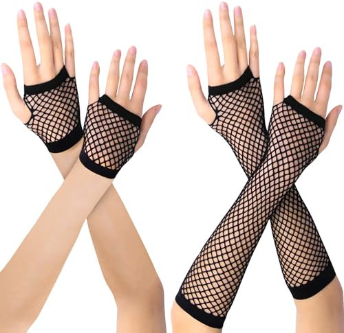 Quelcc Netzhandschuhe Schwarz, 4 Paar Fingerlose Handschuhe für Damen, Lang und Kurz, Netzhandschuhe für 80er Kostümpartys, Halloween und Cosplay Zubehör