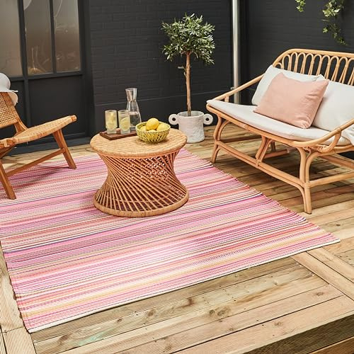 THE RUGS Rainbow Collection Outdoor Rug - Easy to Clean, Waterproof Plastic Outdoor Rugs for Garden, Patio, Balcony, Camping - Vibrant Plastic Straw Rug - Threads Pink, 180x270