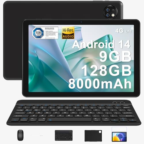 DOOGEE T10W 10 Inch Tablet with SIM Card Slot - 8000mAh Battery, 9GB RAM (4+5) + 128GB ROM, Android OS, Face Unlock, 5G WIFI, GPS, 4G Tablet with Pen/Keyboard/Mouse/Case - Black