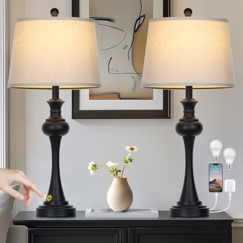 28.75  3-Way Touch Control Modern Table Lamp Set of 2 for Living Room , Bedside Lamp with USB A+C Ports, Mid Century Black Table Lamps, Nightstand Lamps Set ,Beige Fabric Shade Vintage Accent Style