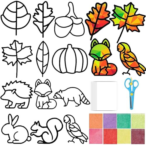 Auzlya Herbst Basteln Kinder,12 Stück Bastelset Herbst Kinder,DIY Fensterbilder Herbst Basteln,Herbst Basteln mit Kindern,Herbstdeko Basteln Kinder,für Herbst,Erntedankfest,Weihnachten