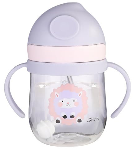 Trinklernbecher 250ml mit Drehbare Griff, 360° Auslaufsicher Trinkflasche für Kleinkinder mit Strohhalm, BPA-frei, Silikon Trinkbecher für Baby und kinder, Baby Strohhalmflasche ab 6 Monate (Lila)