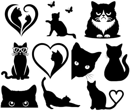 11 Cat Feline Pet Silhouette Cute Stickers - Waterproof Decals - Scrapbooking, Cars, Water Bottles, Laptops, Fun Gifts (Black, Small Pack (8cm/3.1))