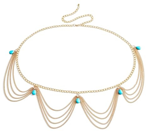 CHIC DIARY Gold Kettengürtel Damen Vintage Boho Taillenkette | Körperkette Hüftkette mit Türkis Perlen Dekorative Bundkette für Kleid