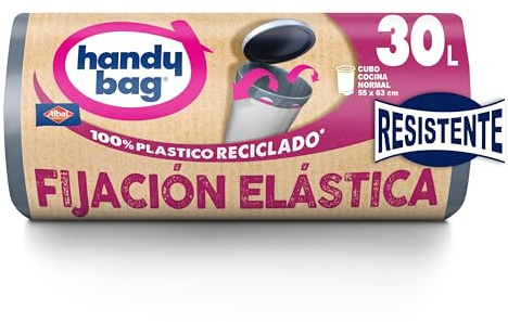 Handy Bag Bolsas de basura Fijación Elástica - Bolsas para cubo de basura de cocina, resistentes y antigoteo, con cinta autocierre elástica y triple capa, 100% plástico reciclado, 30L, 12 bolsas