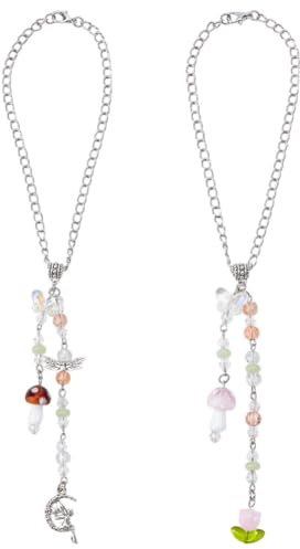 DELORIGIN 2pcs Mushroom Rear View Mirror Hanging Ornament Butterfly Flowers Bead Charm Suncatcher Fairy Car Mirror Pendant Accessories for Bag Keychain Window Door Garden Balcony Home Decor