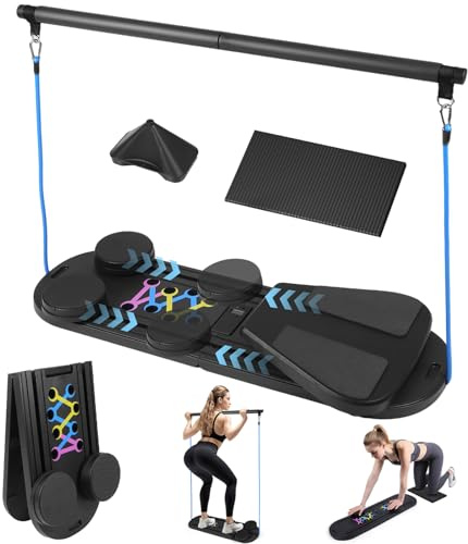 Foldable Pilates Board Set for Home Pilates Reformer Machine with Timer Counter Full Body Workout Equipment with Ab Roller Horizontal Bar Knee Pads Resistance Bands(Black)