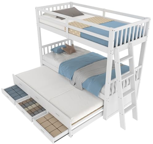 Litera matrimonial sobre matrimonial con cama nido, convertible en dos camas de plataforma. Litera de madera maciza con escalera y barandilla de seguridad Color blanco.