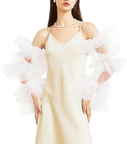 NICENEEDED 2 Piezas Guantes Largos Transparentes Abullonados Mangas de Ópera Desmontables De Tul Con Volantes Mangas De Globo Blanco Para Boda Damas Banquete Fiesta De Baile