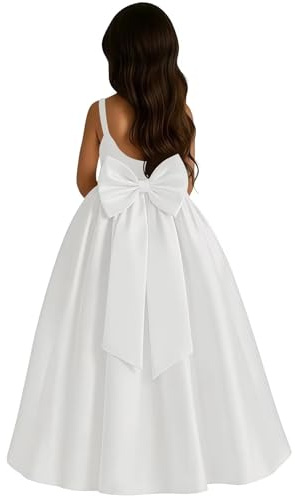WDCVGTR Toddler Satin Flower Girl Dress for Wedding White Bow Knot Sleeveless Dress A-line Jewel Neck First Communion Ball Gowns 2T