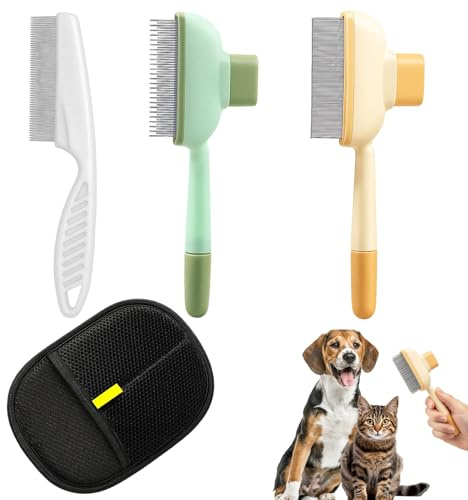 3 Stück Hundebürste Katzenbürste Mit 1 Tierhaarentferner Handschuh Für Langhaar Und Kurzhaar, Unterfellbürste Katze, Fellblitz Bürste Katze Mit Auslöseknopf, Katzenkamm Für Haaren