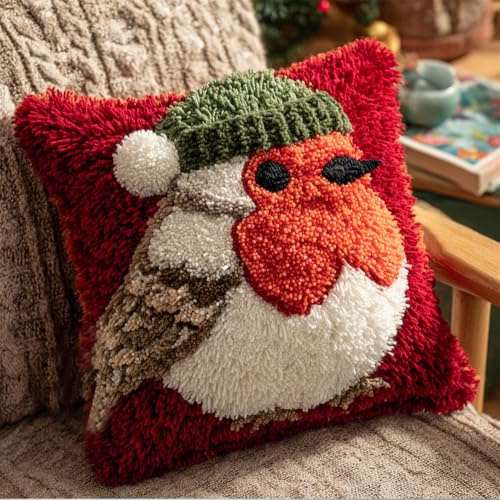 Taxpy Latch Hook Kits for Adults Beginners Robin Wearing A Christmas Hat 17X17 in DIY Crochet Pillow Kit Pre-Printed Pillowcase Hook and Latch Rug Kits Needlework Cushion Cover for Home Sofa Decor
