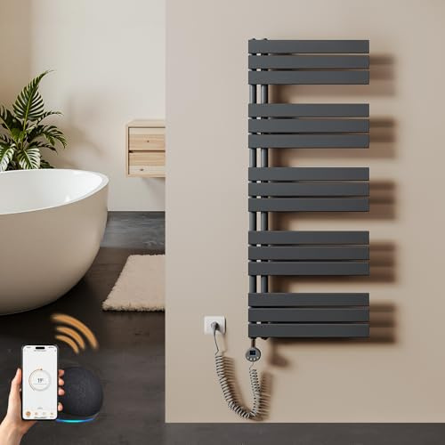 S'AFIELINA scaldasalviette Elettrico Bagno 1320×500mm Antracite, 800 W termoarredo Elettrico Bagno con WiFi e termostato, Timer 7×24 h, Protezione antigelo, LCD, Tubi Piatti Design scaldasalviette